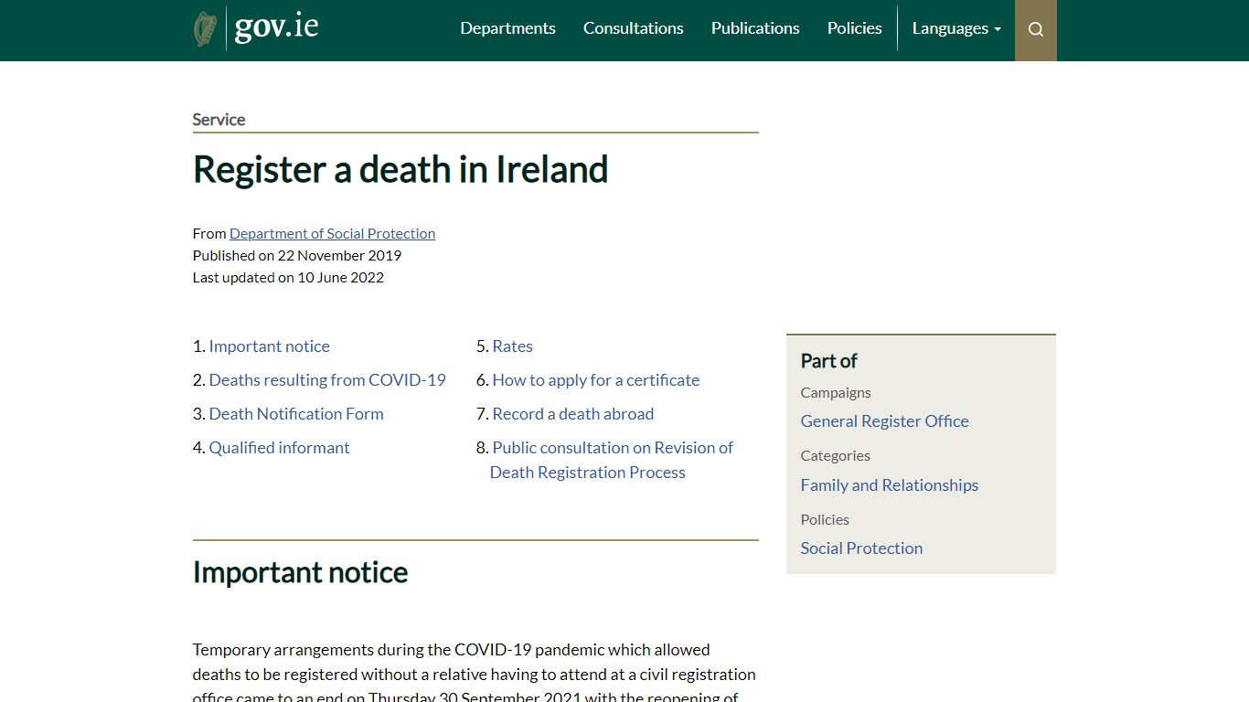 gov.ie - Register a death in Ireland