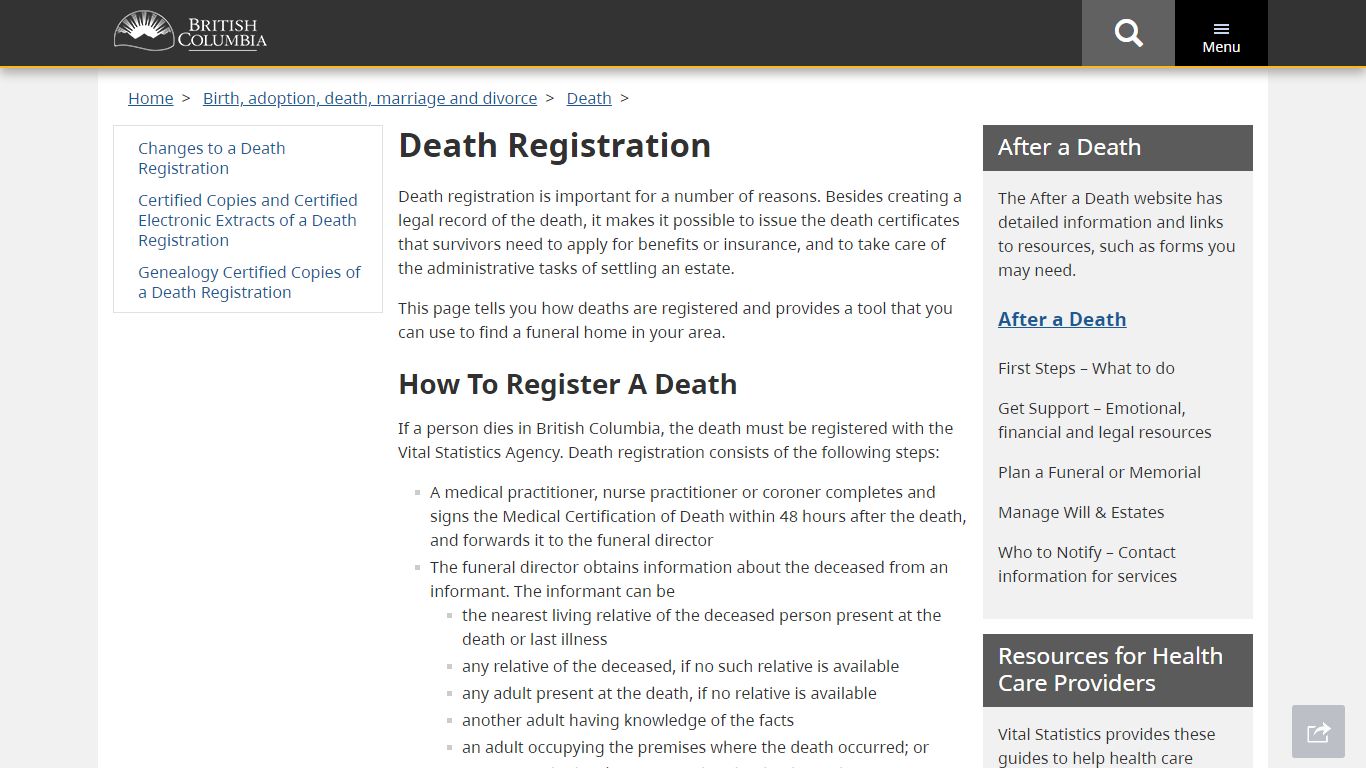 Death Registration - Province of British Columbia